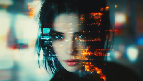 Cybernetic portrait merges human face with glitch data overlay