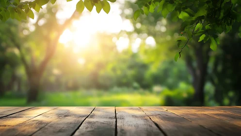 Sunlit Wooden Table with Lush Green Nature Background, Soft Focus.
