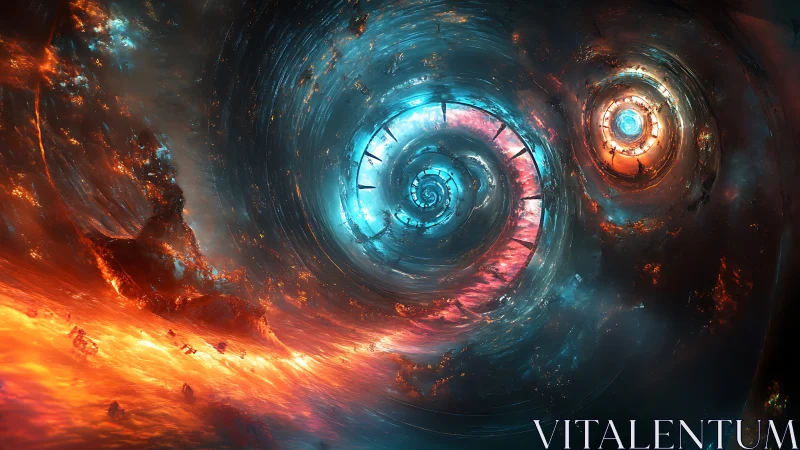 Twin cosmic vortices spiral through fiery nebula void