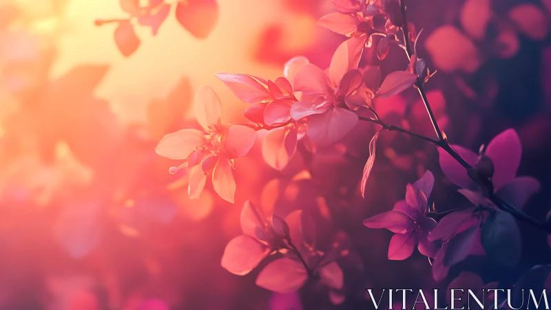 Sunlit pink blossoms in dreamy warm bokeh glow.