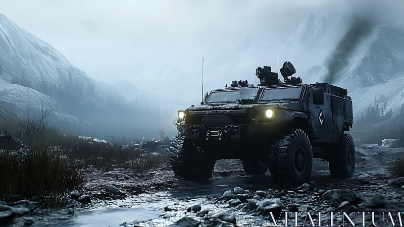 Snowbound armored rover rolling through misty mountain pass.