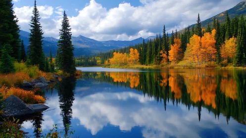 Mountain lake reflects dense evergreen and autumn trees clearly