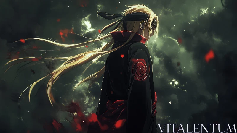 Stormlit anime warrior with flowing hair in red-trimmed cloak.