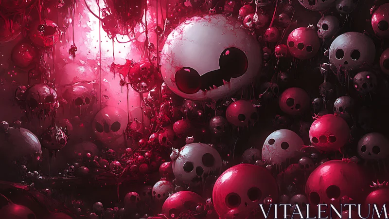 Playful crimson skulls drifting in a dreamy shadow carnival.