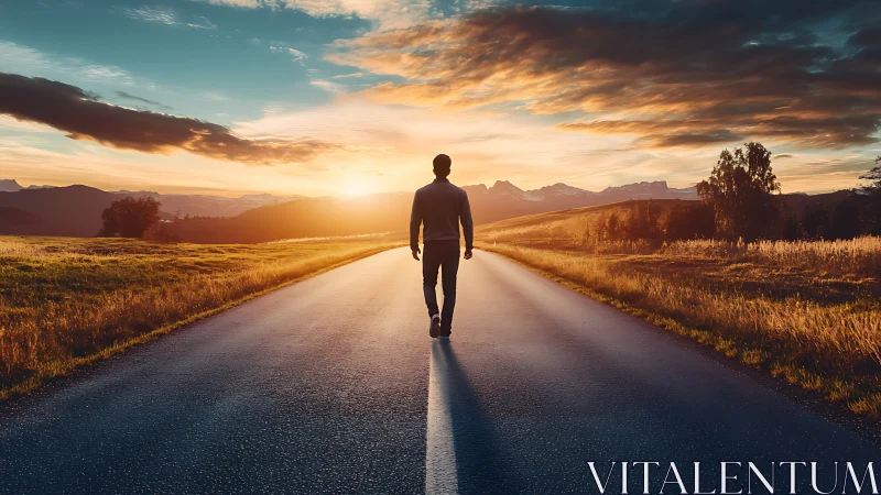 Solitary figure on rural asphalt road at luminous sunset horizon