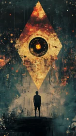 Stargazer confronts a blazing geometric eye in stormy void