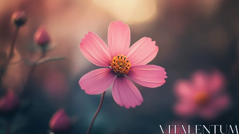 Pink Cosmos Flower: Focused Detail in Atmospheric Bokeh Field.