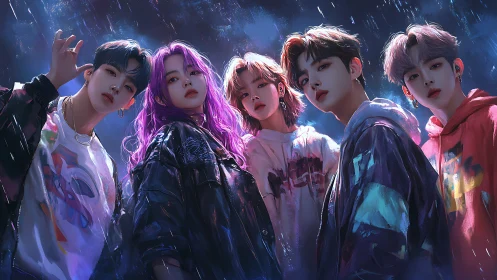 Neon-lit friends share a bold night under the city rain