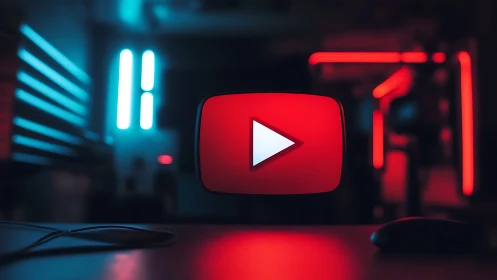 Red play icon suspended in neon lit digital workspace.