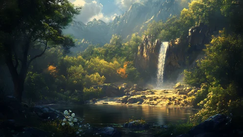 Sunlit mountain waterfall over forest pool in golden mist
