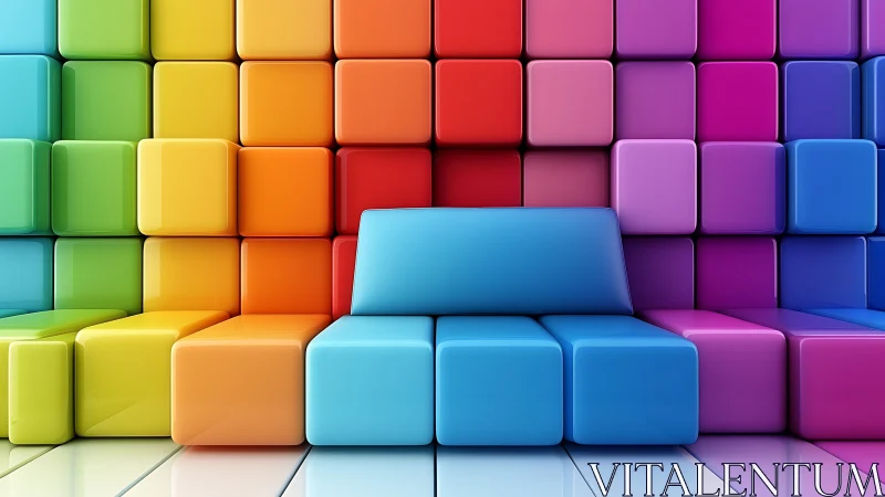 Chromatic cube lounge where rainbow blocks quietly glow.
