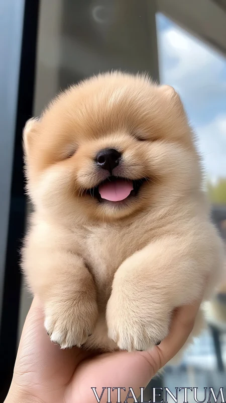 Small fluffy Pomeranian puppy held in a human hand.