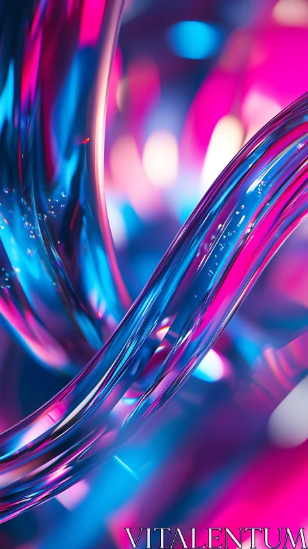 Curved transparent tubes reflect neon magenta and cyan bokeh light