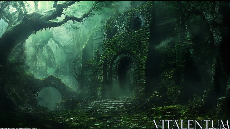 Mysterious mossy forest ruins inviting quiet exploration.