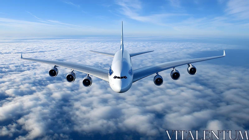 Widebody jet cruises above dense cloud layer in clear sky