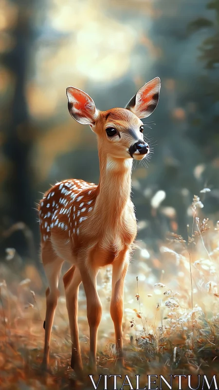 Digital painting of young deer in luminous forest glade.