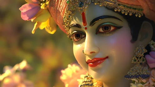 Sacred deity portrait glows in warm golden temple light