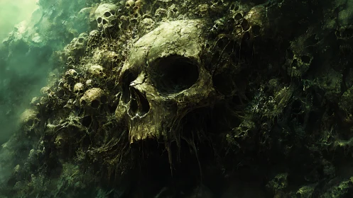 Colossal skull emerges from a decaying mound of tangled bones.