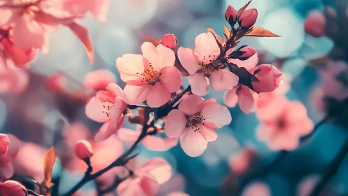 Cherry blossom branch with blooming flowers and buds.