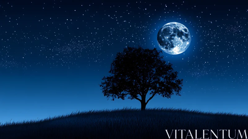 Solitary tree crowns moonlit hill under dense starfield