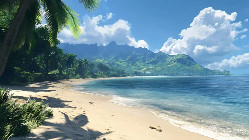 Coastal landscape with volcanic mountains and palm shoreline.