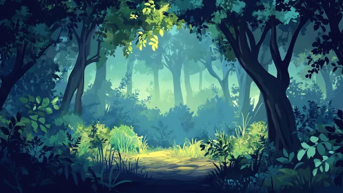 Luminous forest clearing illuminated by golden sunlight