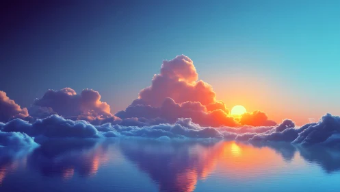 Sunset clouds reflected on calm water in vivid light.