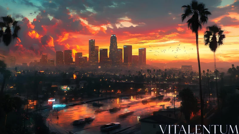 Sunset city glow over palm-lined riverside streets.