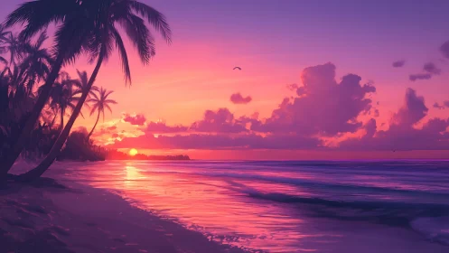 Radiant tropical sunset bathes palm-lined shore in vivid color.