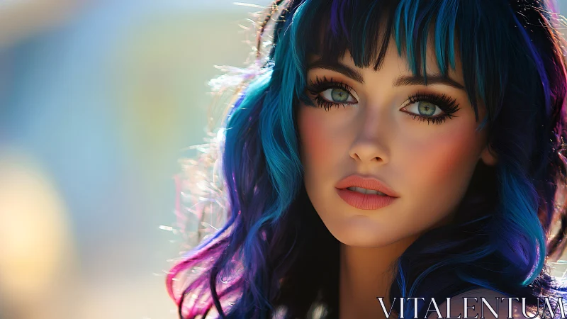 Radiant portrait of a woman with vivid blue and purple hair.