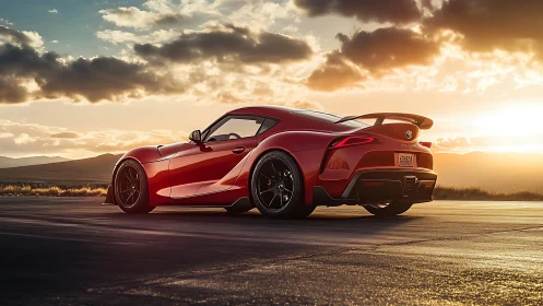 Red sports coupe sits on open road at vivid sunset