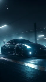 Black sports coupe under blue neon lights at night street.