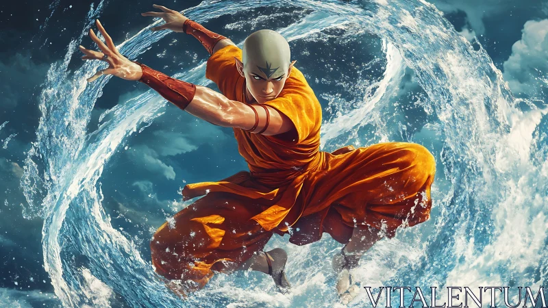 Martial artist manipulates vortex water ring with dynamic pose