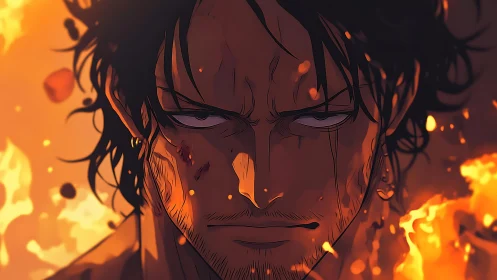 Scorched warrior’s eyes hold unbroken resolve in the fire