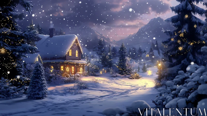 Snow-covered cabin and trees with winter evening lighting.