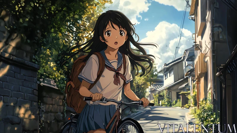 Schoolgirl riding bicycle through quiet sunny street.