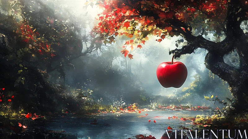 Enchanted crimson apple drifting above a misty forest pool.