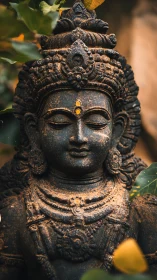 Weathered stone deity statue amid soft natural foliage.