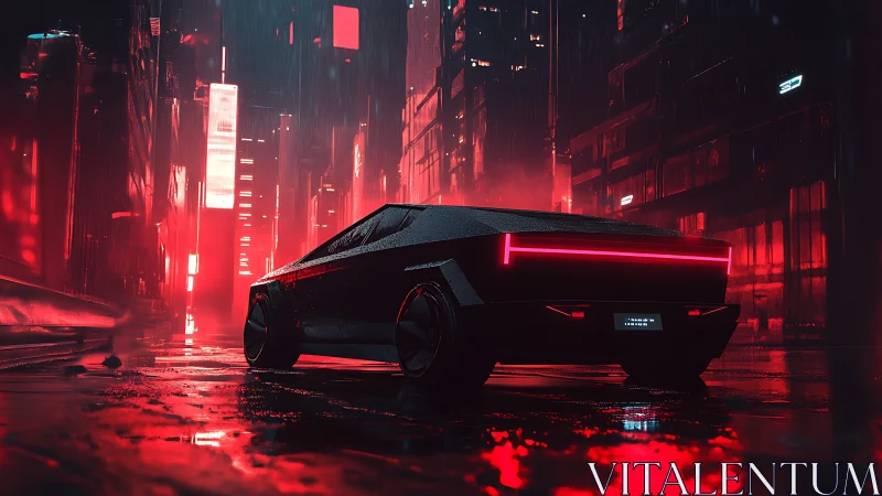 Futuristic electric truck glows in neon red rain cityscape.
