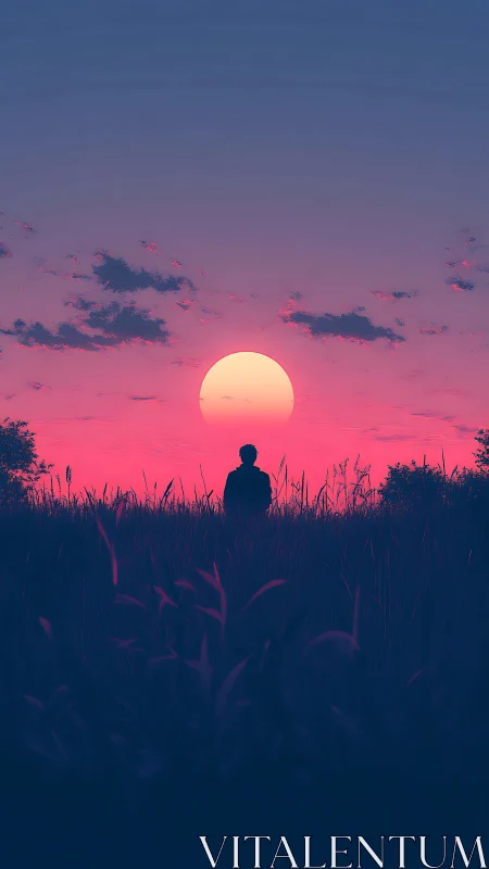 Silhouette in tall grass facing a vivid pink sunset sky.