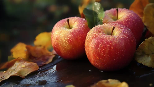Dew covered red apples on wet autumn leaves tabletop.