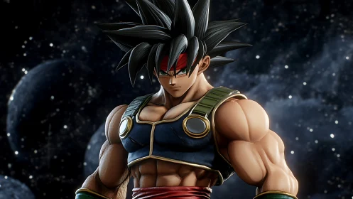 Saiyan warrior poised in starlit cosmic silence.