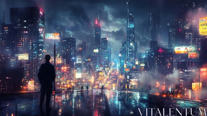 Solitary figure overlooking neon cyberpunk rain cityscape.