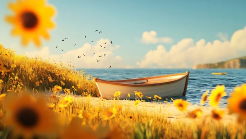 Sunlit rowboat rests on a flowered shore at calm seaside.