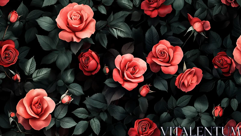 Red and coral roses with dark green foliage on black background.