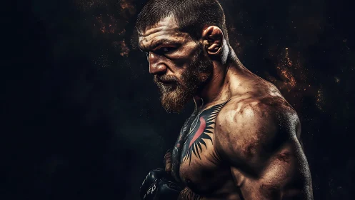 Tattooed MMA fighter glares through cinematic rim light.