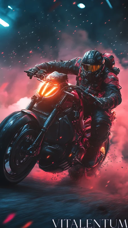 Cyber rider leans through neon smoke on futuristic bike.