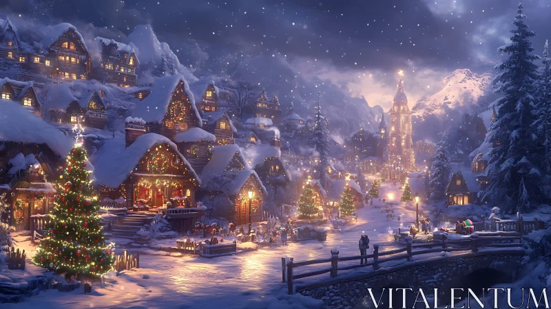 Snow-covered village street displays dense winter illumination