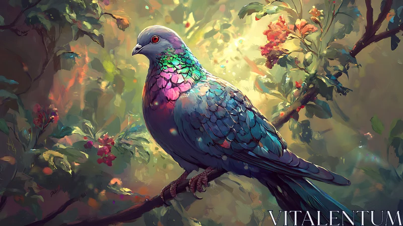 Vibrant pigeon on a branch in digital painting with glowing light.