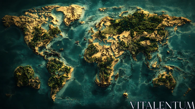 Cinematic 3D world map glows with lush forests and oceans